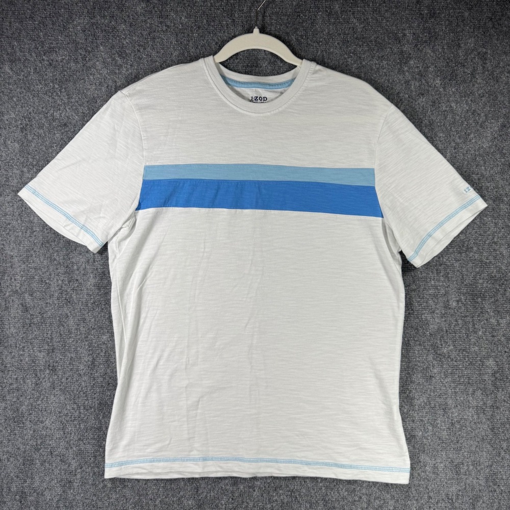 IZOD Saltwater T-Shirt Men's M White w/ Blue Stripe Short Sleeve NWOT